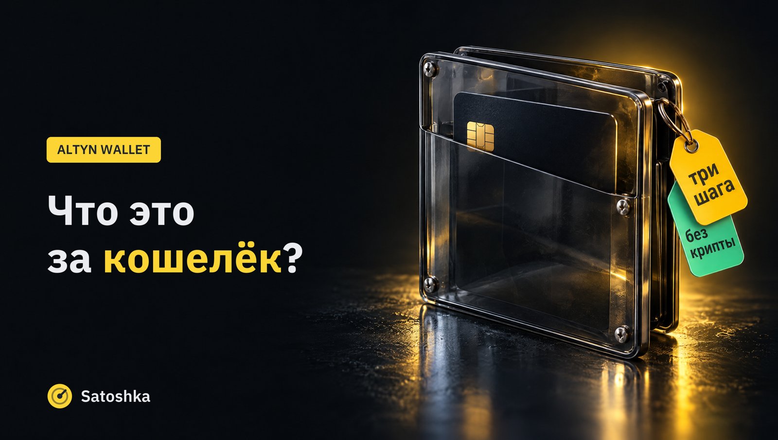 Тёмный стеклянный кошелёк с чёрной картой, бирки «три шага» и «без крипты». Надпись: ALTYN WALLET. Что это за кошелёк?
