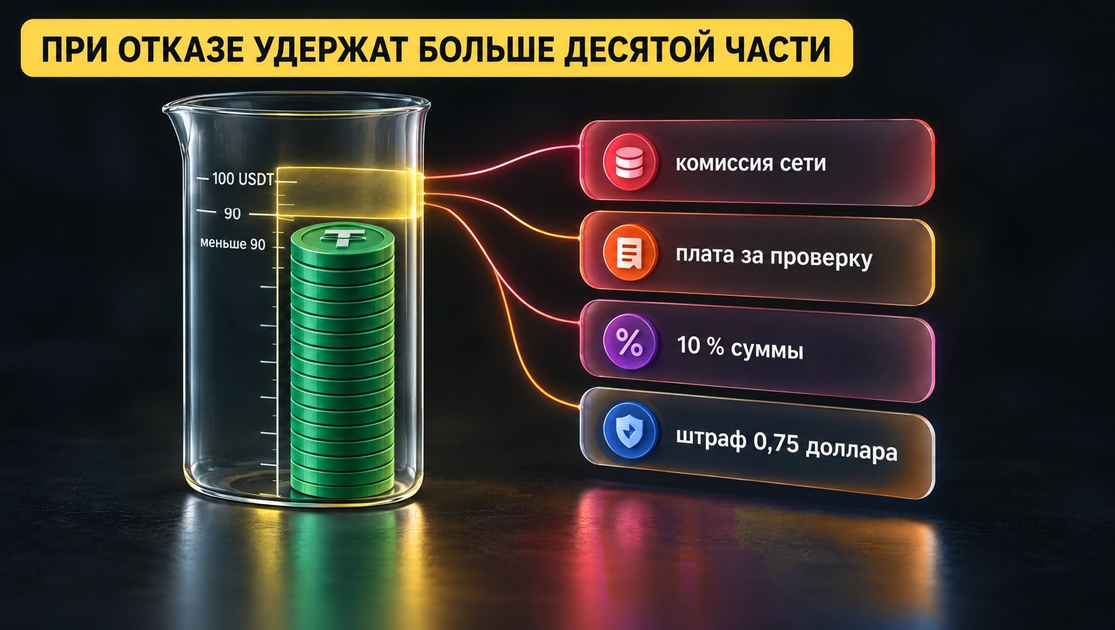 Мерный стакан с монетами: уровень ниже прежнего, удержания уходят в стороны. Надпись: При отказе удержат больше десятой части