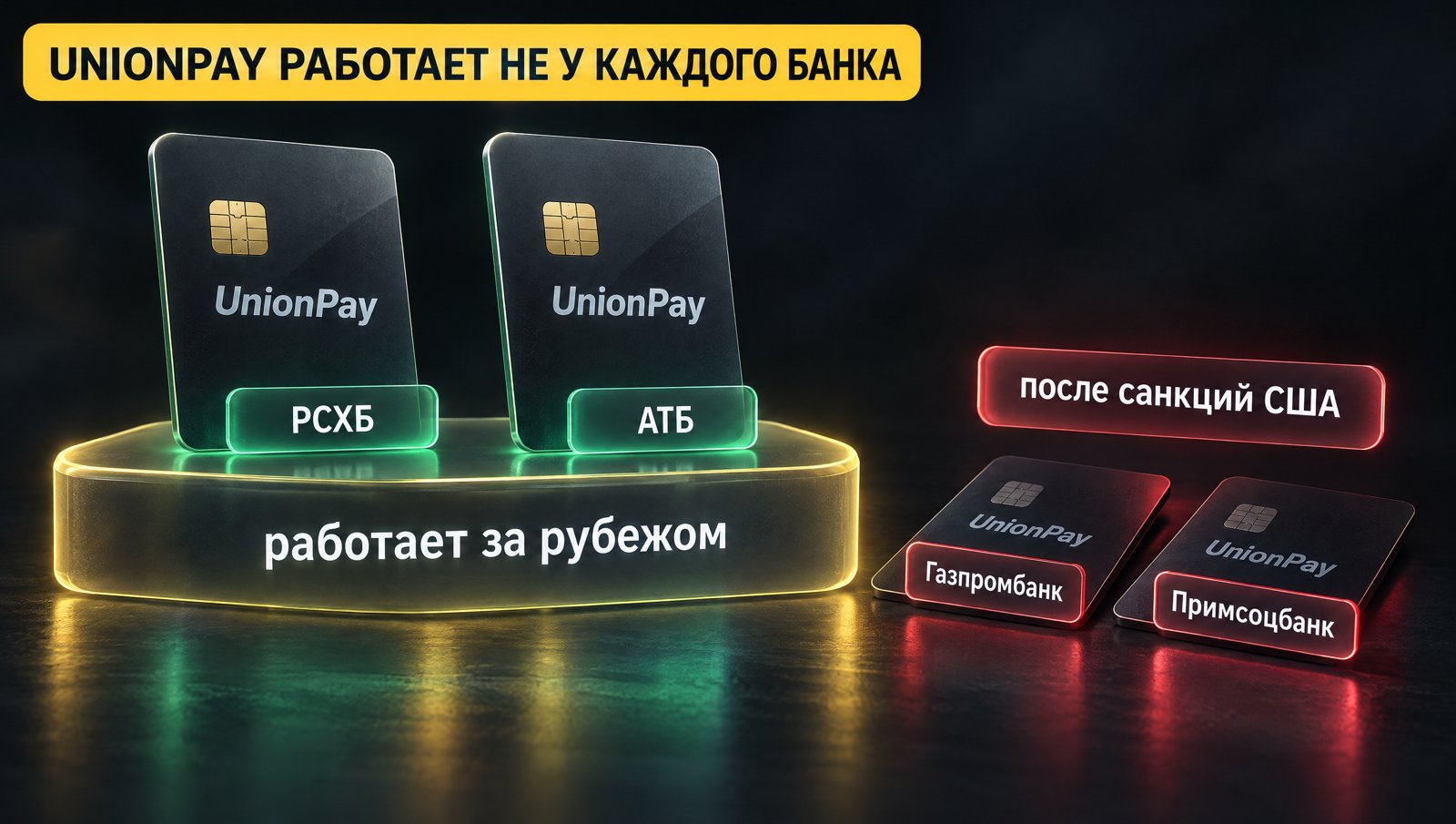 Карты UnionPay РСХБ и АТБ на подиуме, карты Газпромбанка и Примсоцбанка упали к его подножию. Надпись: UNIONPAY РАБОТАЕТ НЕ У КАЖДОГО БАНКА