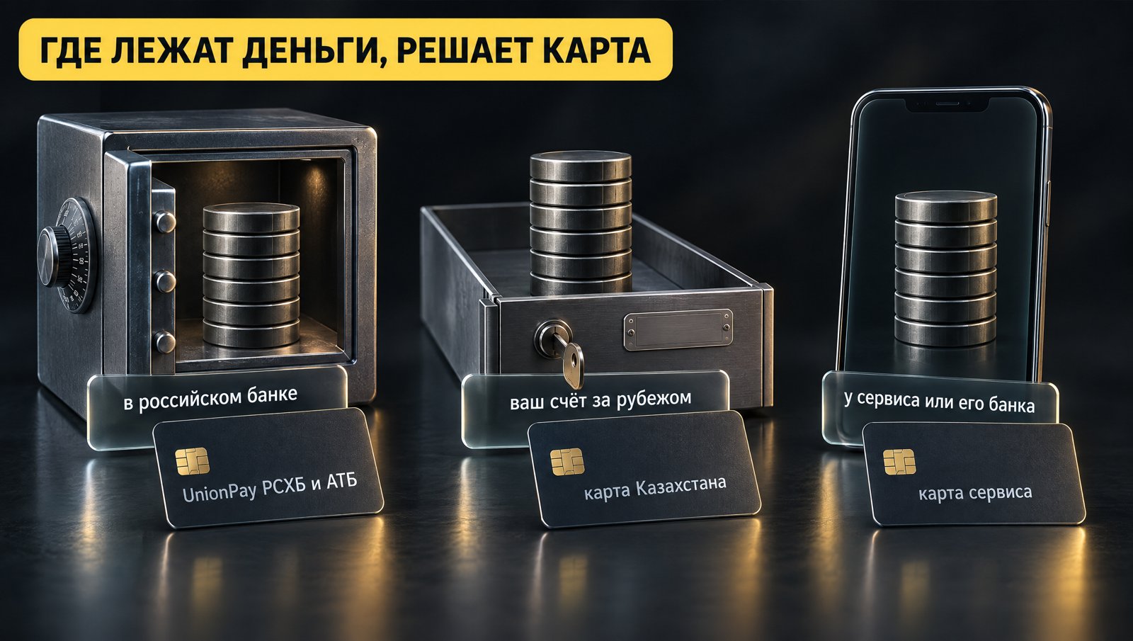 Сейф, банковская ячейка и телефон с монетами, у каждого карта своего способа. Надпись: ГДЕ ЛЕЖАТ ДЕНЬГИ, РЕШАЕТ КАРТА