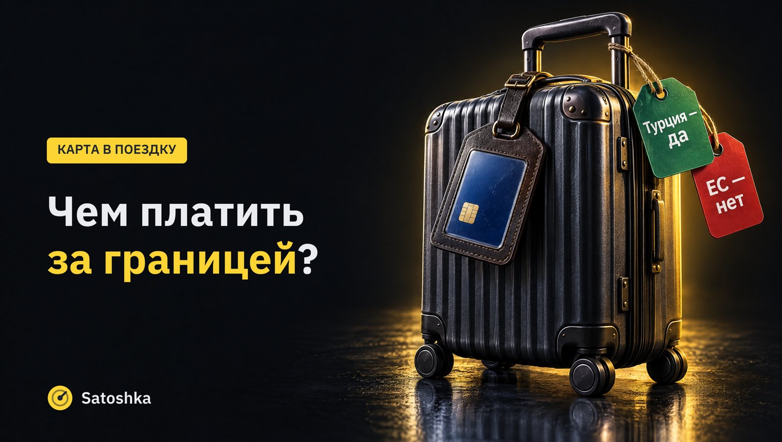 Чемодан с картой в бирке и бирками «Турция — да» и «ЕС — нет». Надпись: КАРТА В ПОЕЗДКУ. Чем платить за границей?
