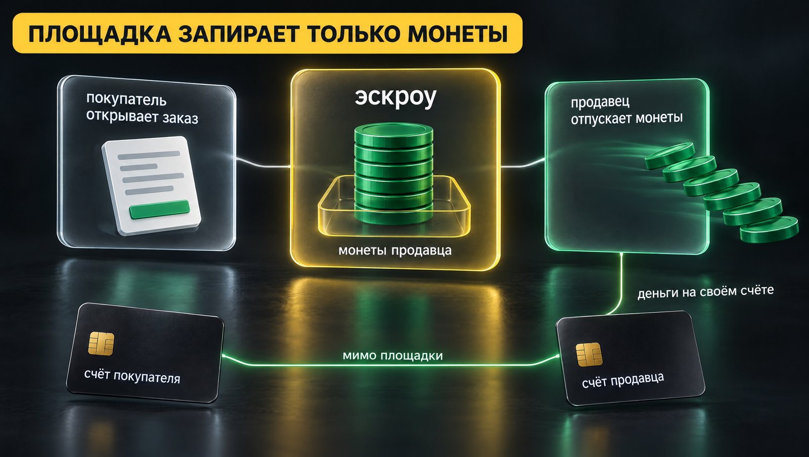 Схема сделки: монеты продавца заперты в эскроу, деньги идут со счёта на счёт мимо площадки. Надпись: Площадка запирает только монеты