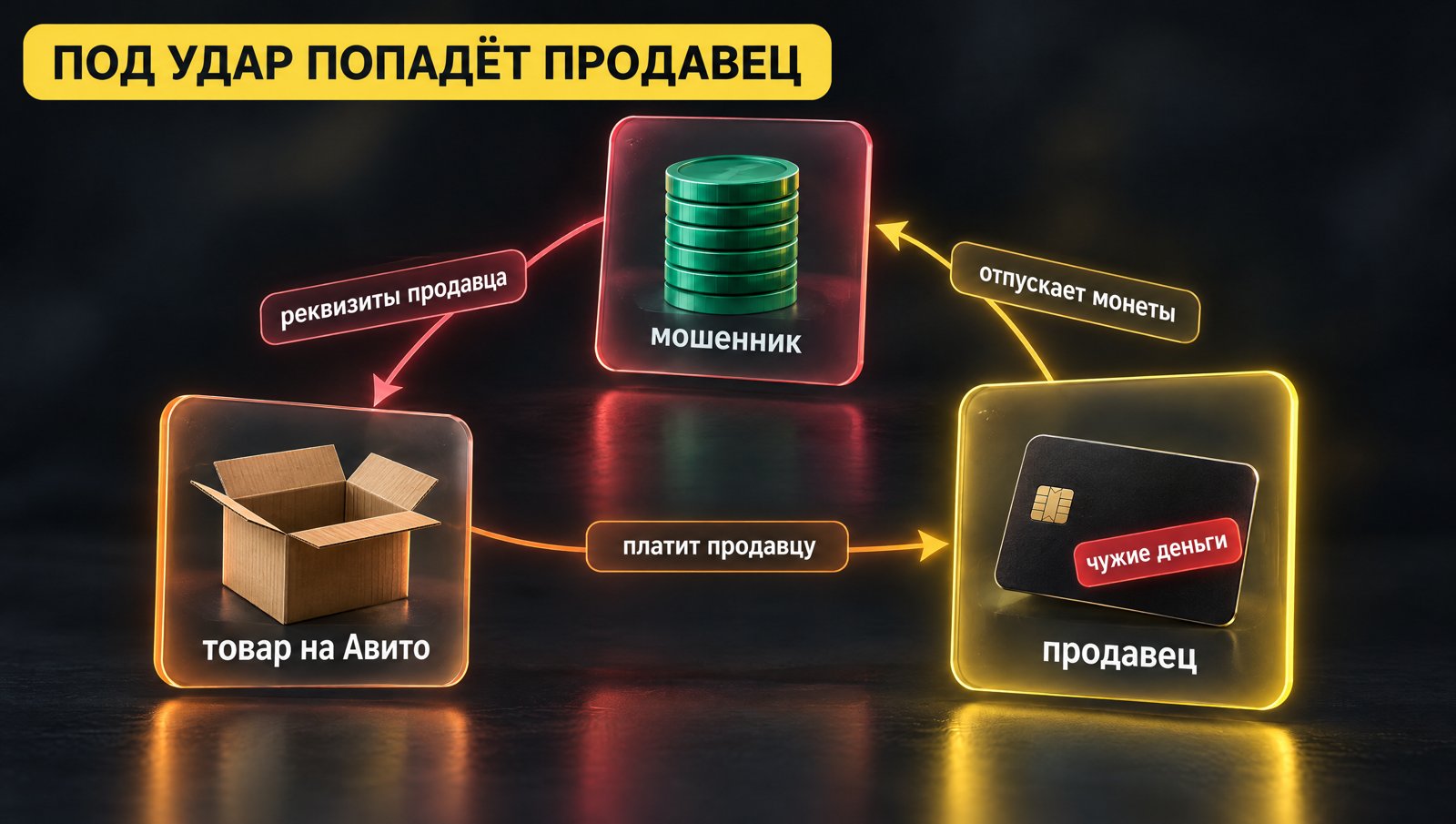 Треугольник: покупатель с Авито платит продавцу, продавец отпускает монеты мошеннику. Надпись: Под удар попадёт продавец