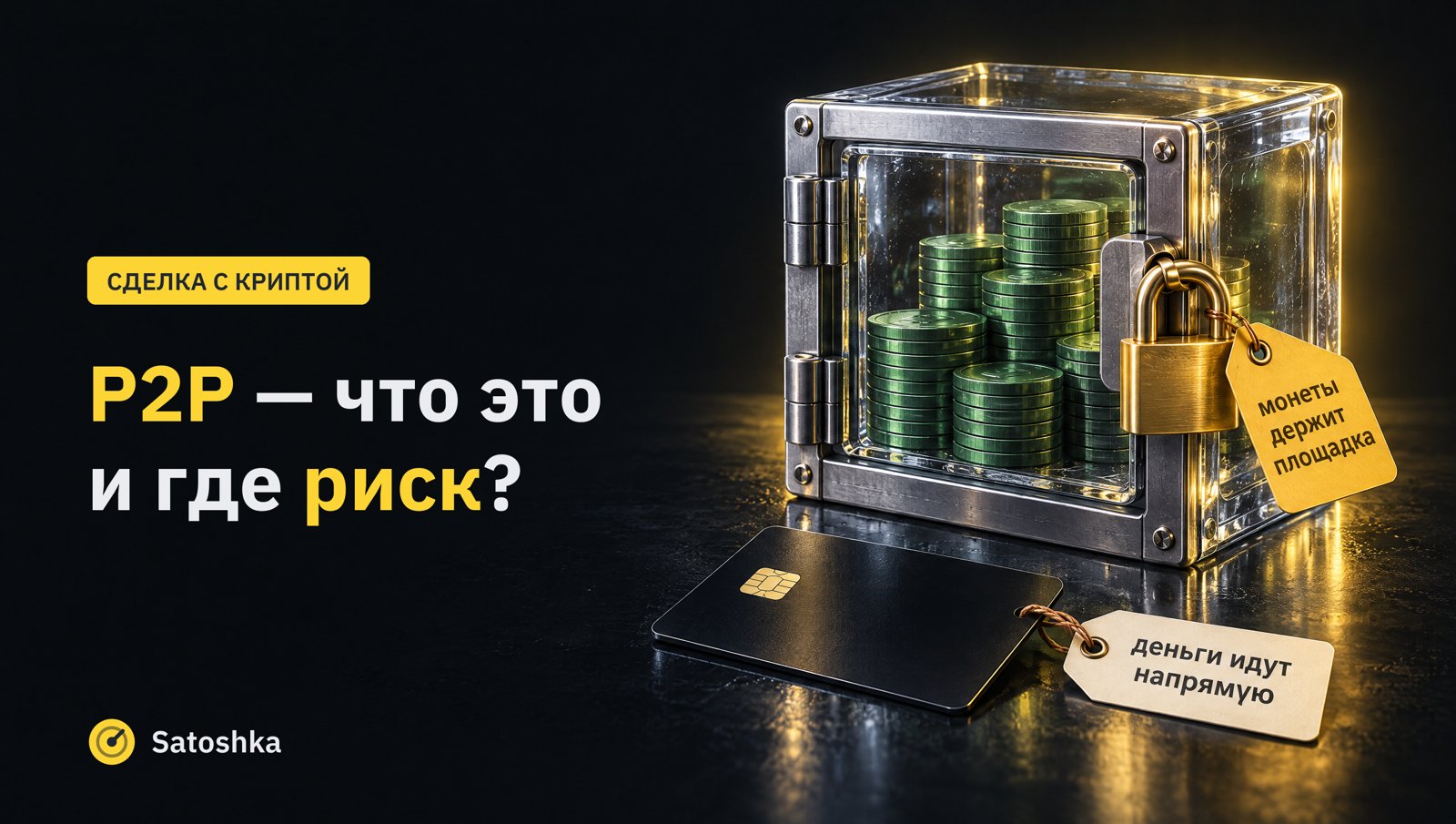 Стеклянный сейф с запертыми монетами, банковская карта лежит снаружи без защиты. Надпись: СДЕЛКА С КРИПТОЙ. P2P — что это и где риск?