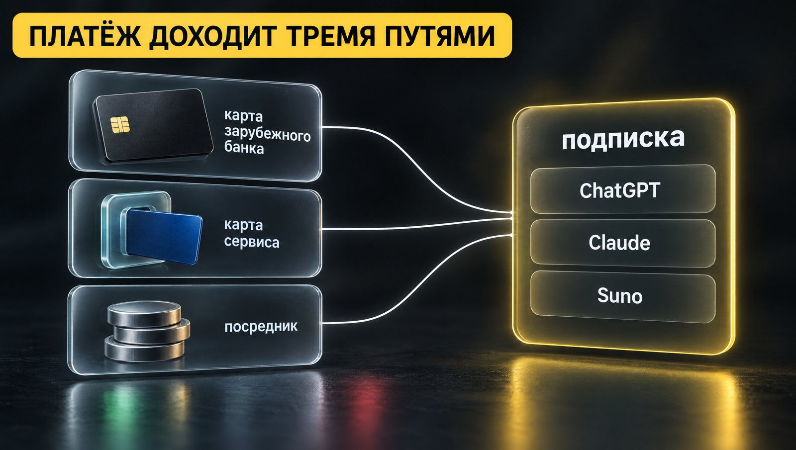Три стеклянные карточки — карта зарубежного банка, карта сервиса, посредник — линиями сходятся к подписке. Надпись: Платёж доходит тремя путями