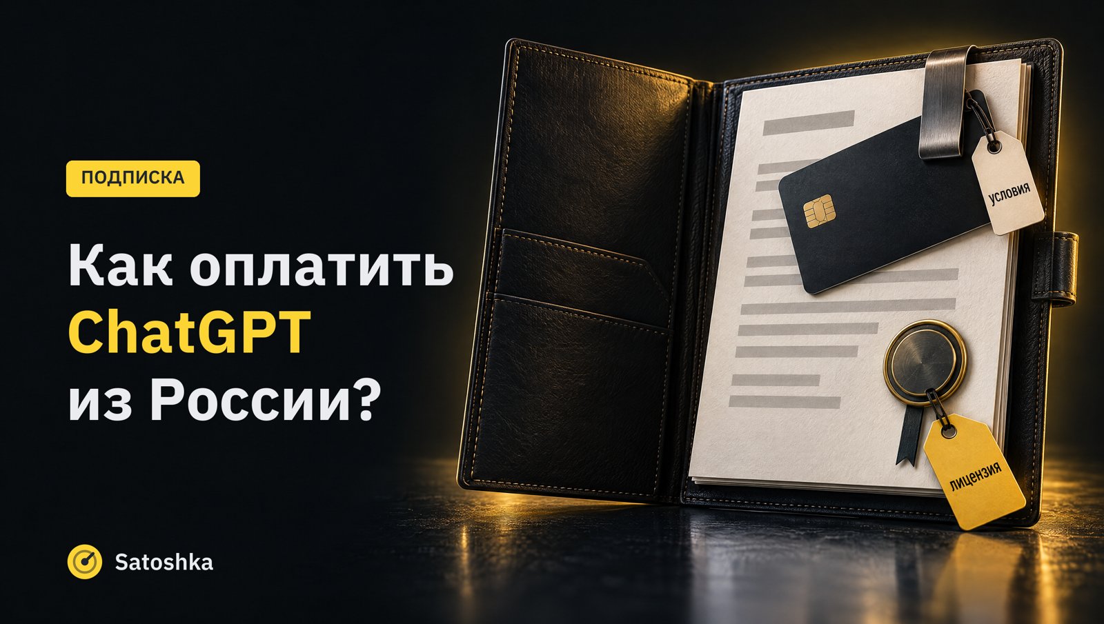 Папка с листом, печатью и чёрной картой, бирки «лицензия» и «условия»: по ним выбирают карту. Надпись: ПОДПИСКА. Как оплатить ChatGPT из России?
