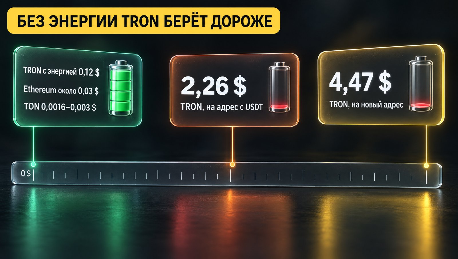Шкала платы за перевод: карточки TRON без энергии далеко справа, TRON с энергией, Ethereum и TON у нуля. Надпись: БЕЗ ЭНЕРГИИ TRON БЕРЁТ ДОРОЖЕ