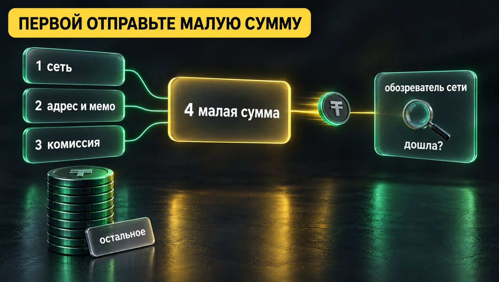 Три проверки до перевода, за ними одна монета ₮ идёт к обозревателю сети, остальные ждут. Надпись: ПЕРВОЙ ОТПРАВЬТЕ МАЛУЮ СУММУ